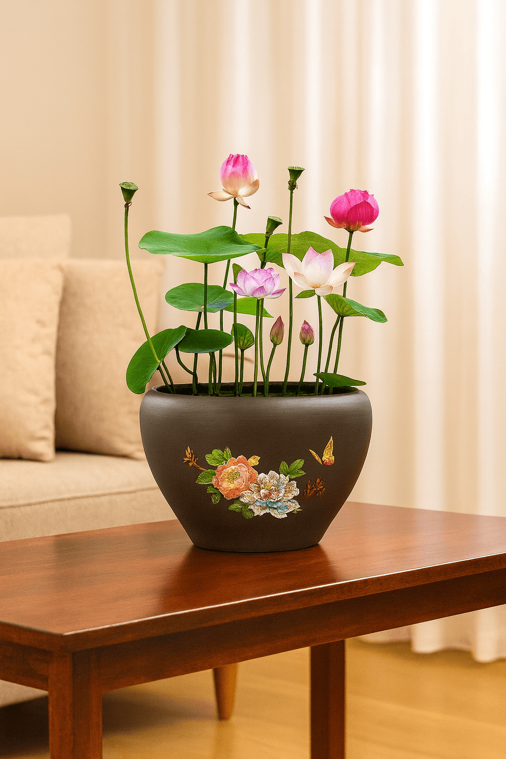 Indoor Bonsai: Pink, Red & Green Lotus Seeds