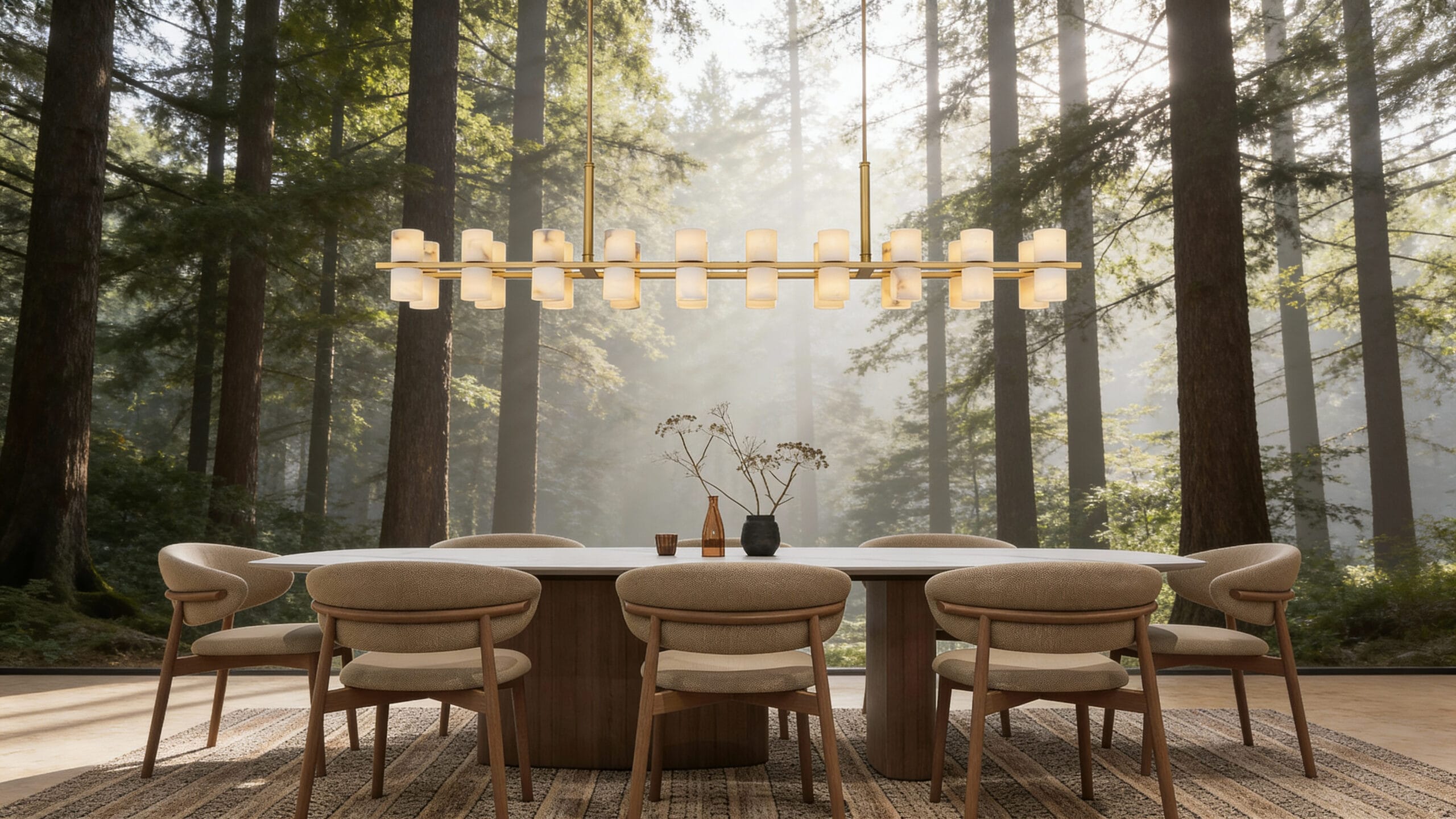 Alabaster Rectangular Brass Chandelier – 54″ Modern Pendant Light