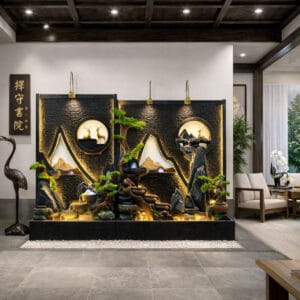 Indoor Floor Water Fountain Decor with Bonsai Tree and Deer Sculpture